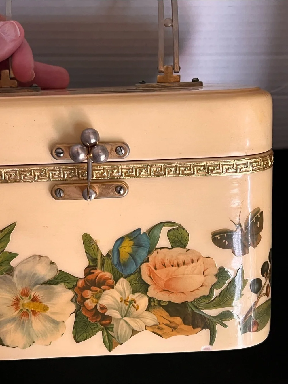 Vintage Cream Floral Vanity Bag with Gold Accents